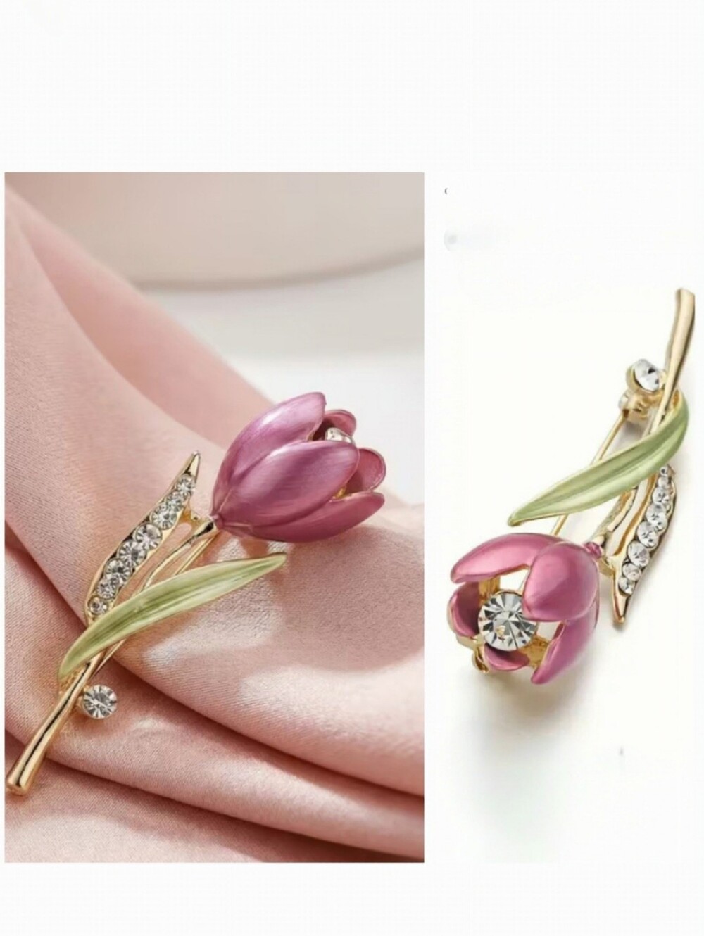 🌺Pink Tulip Crystal Leaf Brooch Rhinestones Flower Brooch Flower Accessories